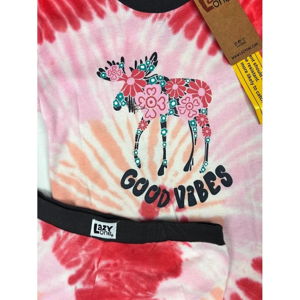 Lazy One Good Vibes Girls Sz 10 Moose Pajama Set 2pc‎ Cotton Tye Dye NWT